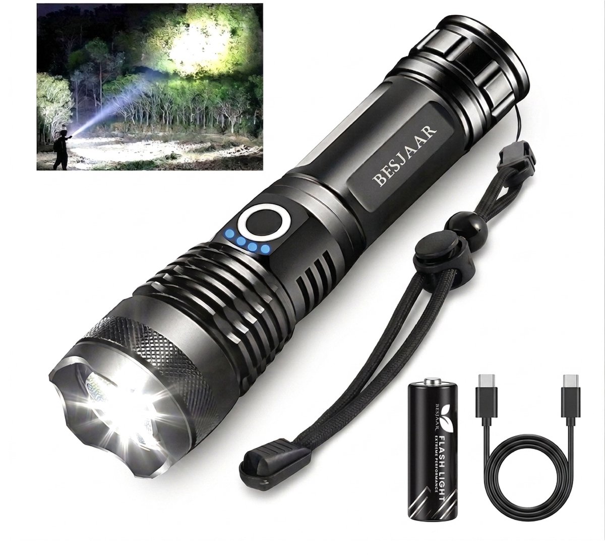 Besjaar® Zaklamp LED Oplaadbaar - Militaire zaklamp - 5500 Lumen - inclusief opladerbare batterijen kabel - USB oplaadbaar - waterdicht - camping