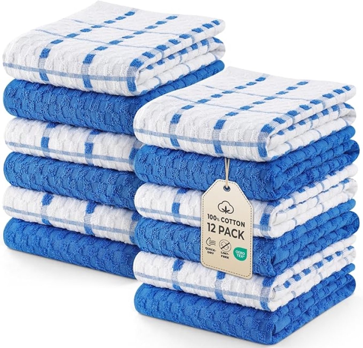 12 Keukenhanddoeken Set - 38 x 64 cm - 100% Ringgesponnen Katoen - Superzacht en Absorberend - Blauw en Wit