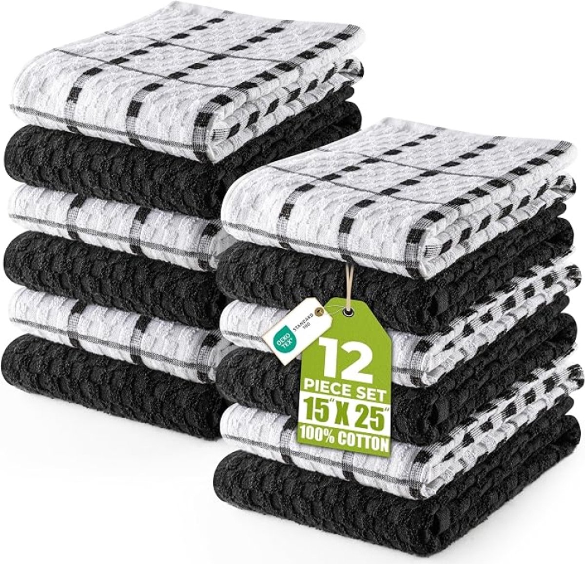 12 Keukenhanddoeken Set 38x64 cm 100% Katoen, Absorberend en Supersoft - Zwart/Wit