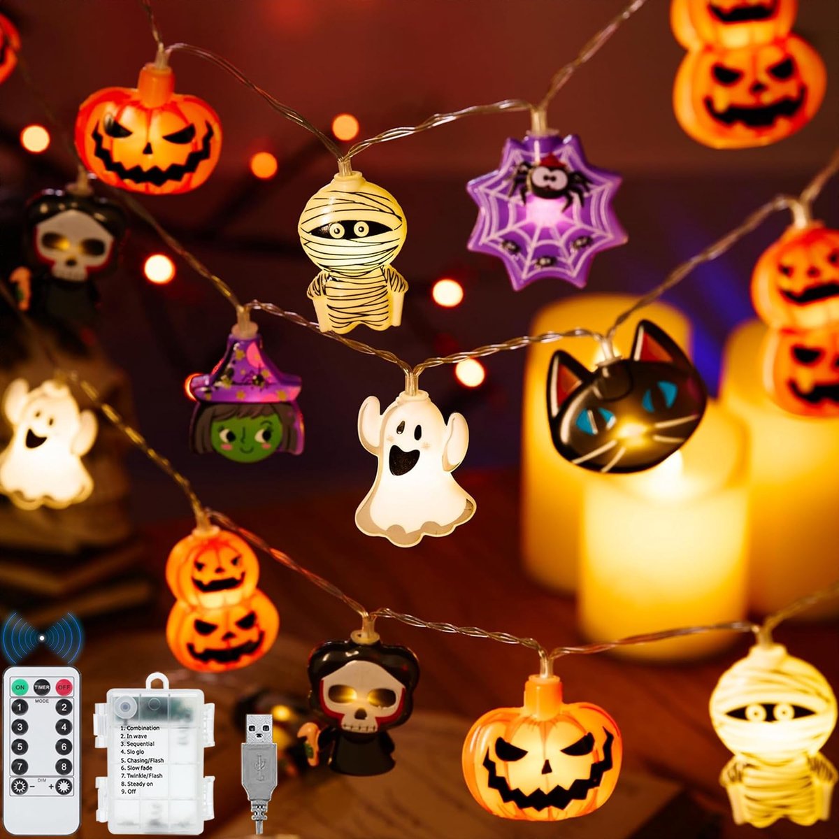 VEEKAY Halloween lichtsnoer, 3,6 m, 24 leds, spookslinger, spin, vleermuis, pompoen, decoratie voor binnen en buiten - ShopVlot