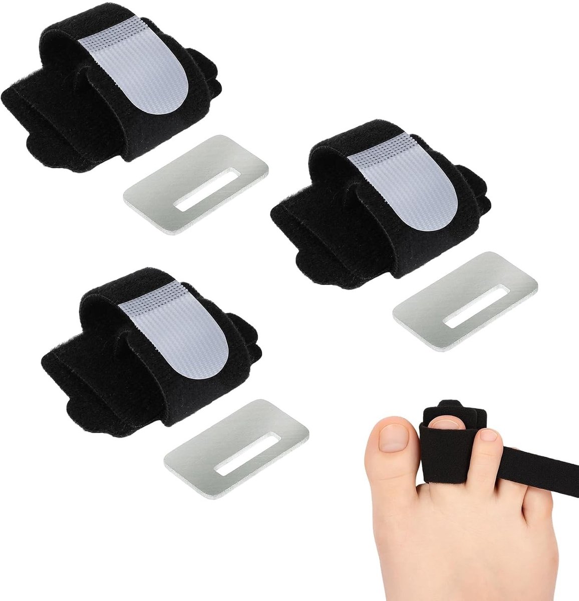 Drie-delige teencorrector met aluminiumplaat voor het rechtzetten van hamertenen, splint voor gebroken tenen en teenpads voor optimaal comfort en universele maat.