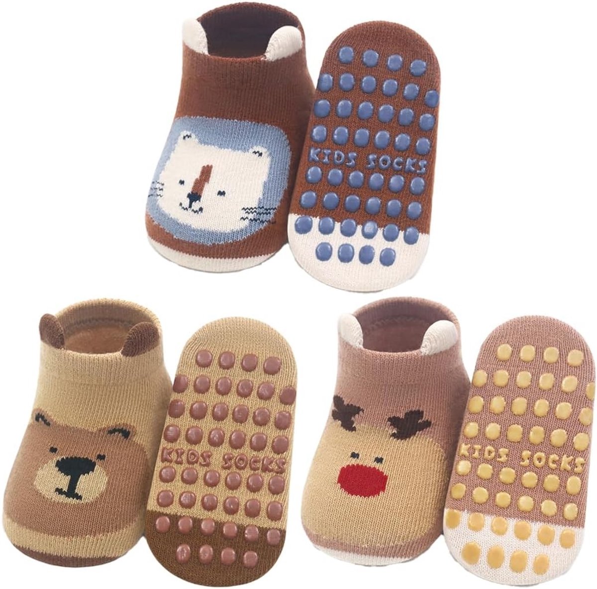Dierlijke Print Antislip Katoenen Sokken voor Pasgeborenen - 3 Paar voor 0-12 Maanden, Comfortabel en Ademend