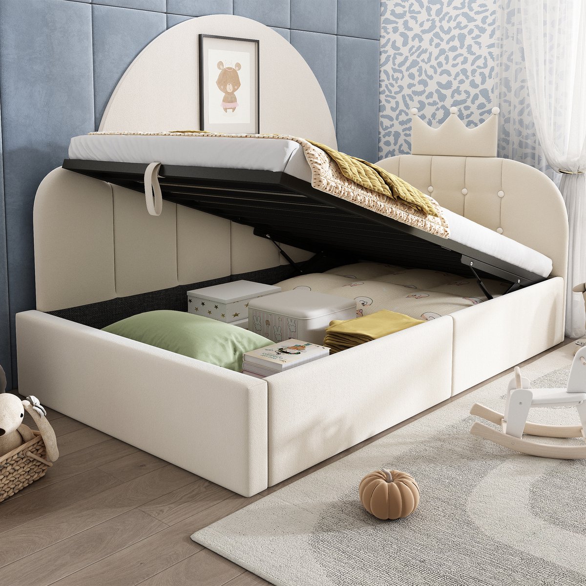 Wishdor Bedbank met opbergruimte - Hydraulisch L-vormig dagbed - Velours en metaal - Kroonontwerp - Voor kinderkamer en logeerkamer - Beige - 90 x 190 cm