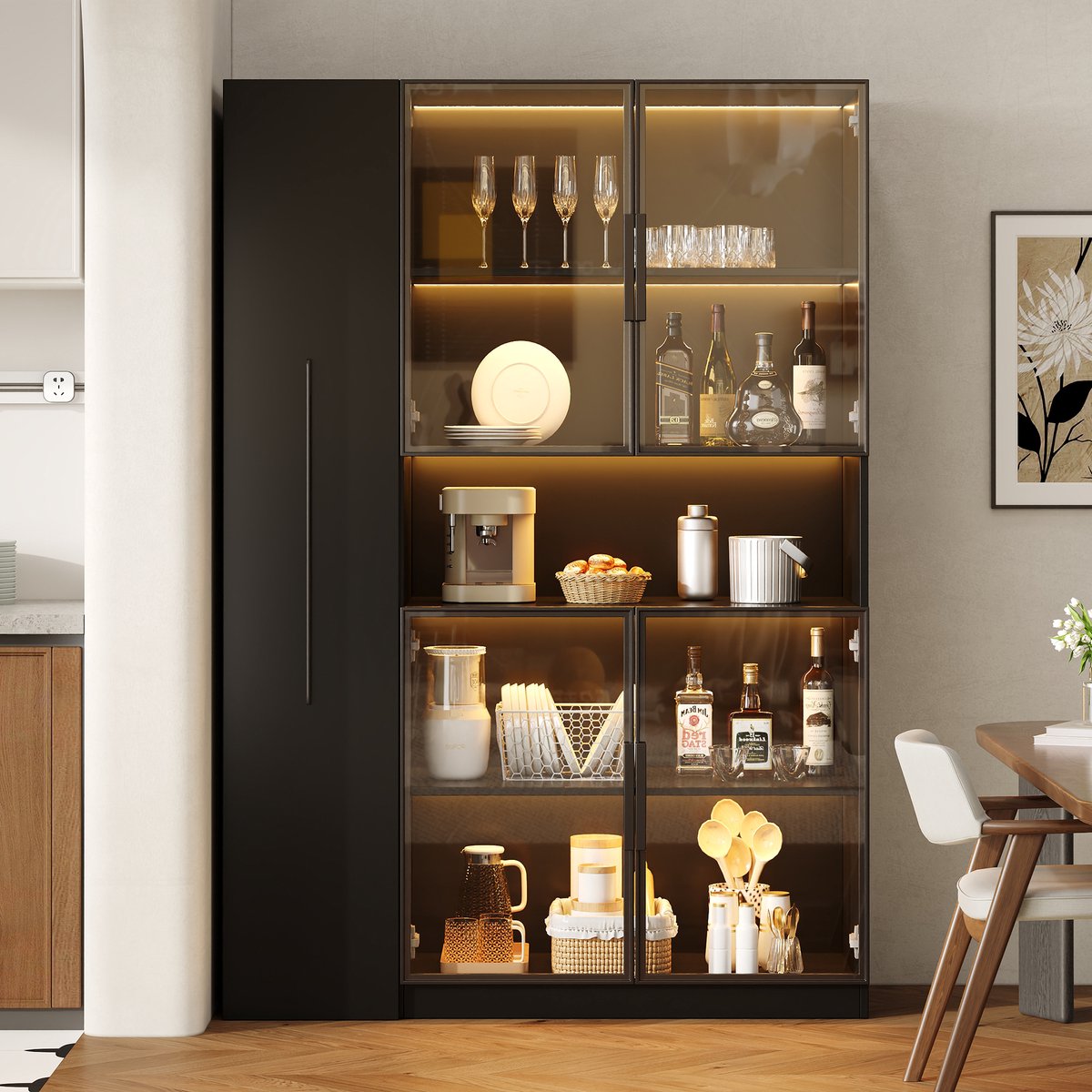 Wishdor Vitrinekast met LED-verlichting - Glasfront, uitneembare legplanken en opbergruimte - Zwart MDF - 110 x 35 x 160 cm