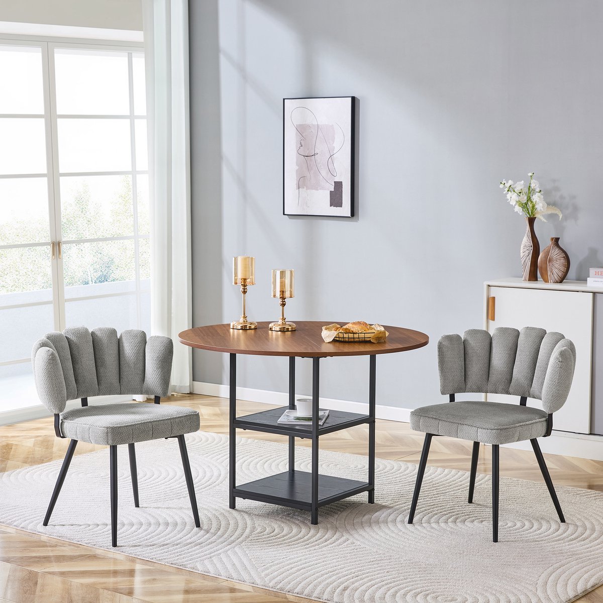 Wishdor Ronde eettafel - Industrieel design - Walnoot look - 2 stoelen - Lichtgrijs - Metaal frame - Dubbele opbergplanken - Compact - 107 cm