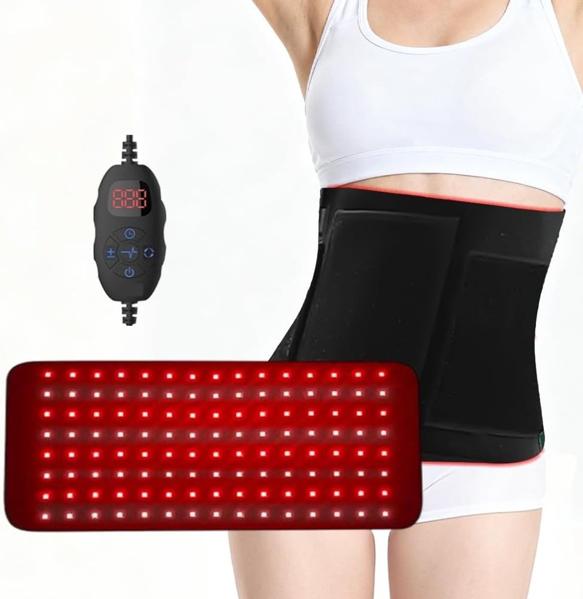 Rode Lichttherapie Band met 120 LEDs, 5 Niveaus van Vibratiemassage en Infraroodtherapie voor Rug-, Schouder- en Heuppijn Verlichting