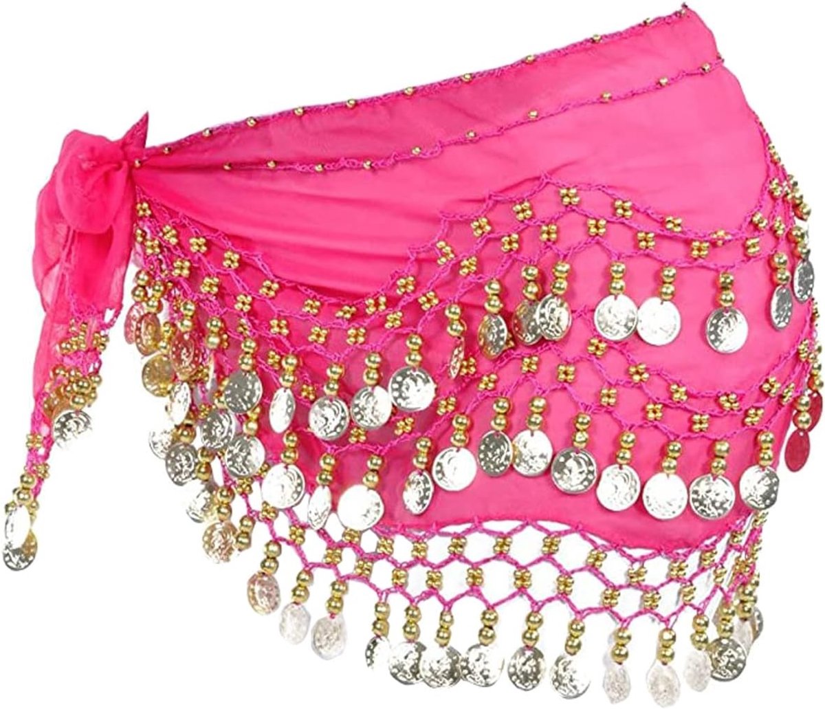 Elegante heupdoek voor buikdans met gouden munten, perfect voor buikdansoptredens en yogalessen, roze, one size