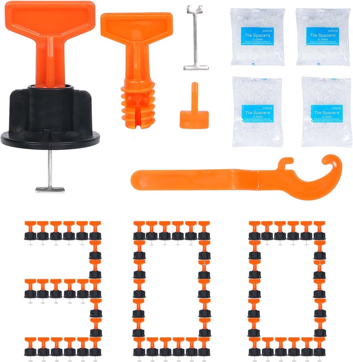 Professioneel tegelniveau systeem 300 stuks - 1000 spacer kruisen 2 mm + 1000 spacers 3 mm, 6 speciale sleutels en 40 stalen pennen voor perfecte vloeren leggen