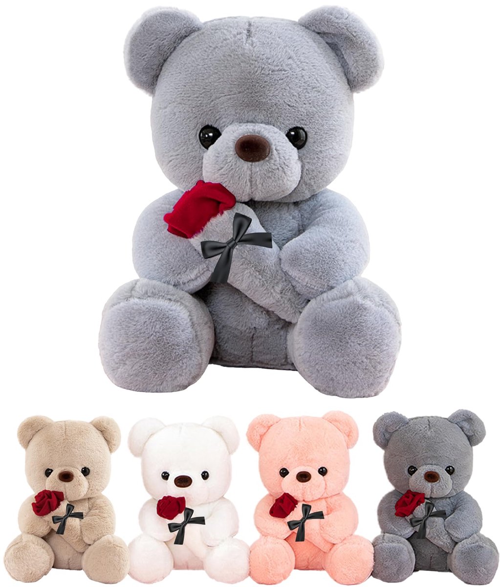 Teddybeer Pluche 35 cm - Grijs met Roos - Perfect Huwelijkscadeau voor Dames - ShopVlot
