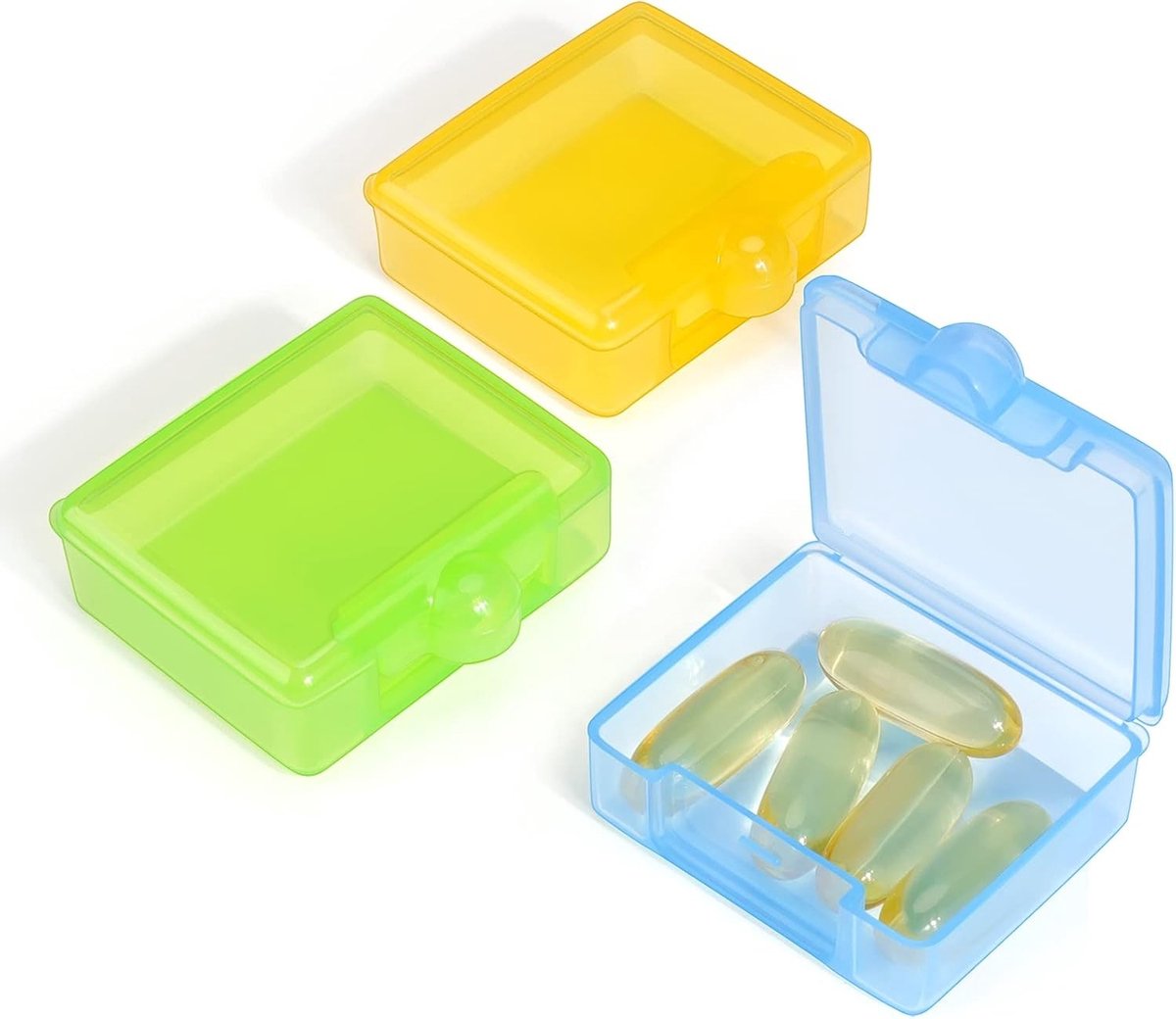 Draagbare Tablet Box voor Vitaminen, Visolie en Tabletten - Compacte Reisoplossing in Geel, Groen en Blauw