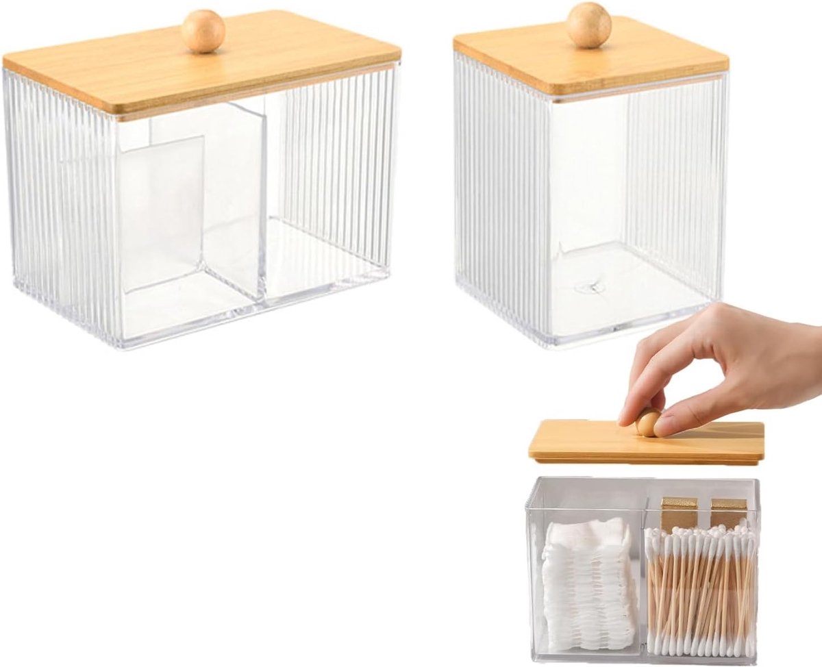 Cotton Swab Houder met Bamboe Deksel - Transparant en Stijlvol voor Badkamer, Slaapkamer en Woonkamer - Perfecte Opbergoplossing voor Q-tips en Wattenstaafjes