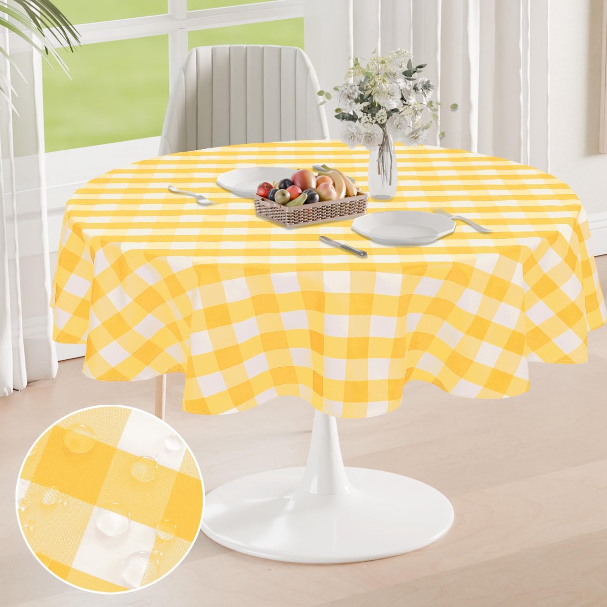 Tafelkleed rond 180 cm - geel en wit geruit - afwasbaar en waterdicht - ideaal voor buiten - ShopVlot