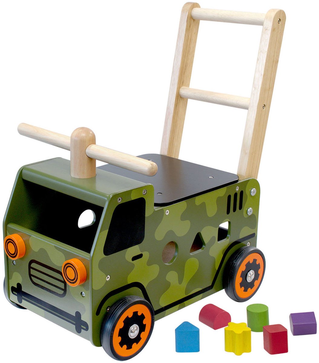 I’M Toy Loop- en Duwwagen Legertruck – Houten Loopwagen – Vormenstoof – Zitwagen – Vanaf 18 Maanden