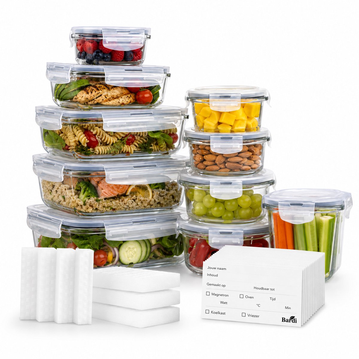 Bardi Glazen Vershoudbakjes 9-delig – Meal Prep Bakjes – Luchtdicht & Lekvrij – Oven, Magnetron & Vriezer – 9 Wondersponzen + 40 Prep & Store Labels