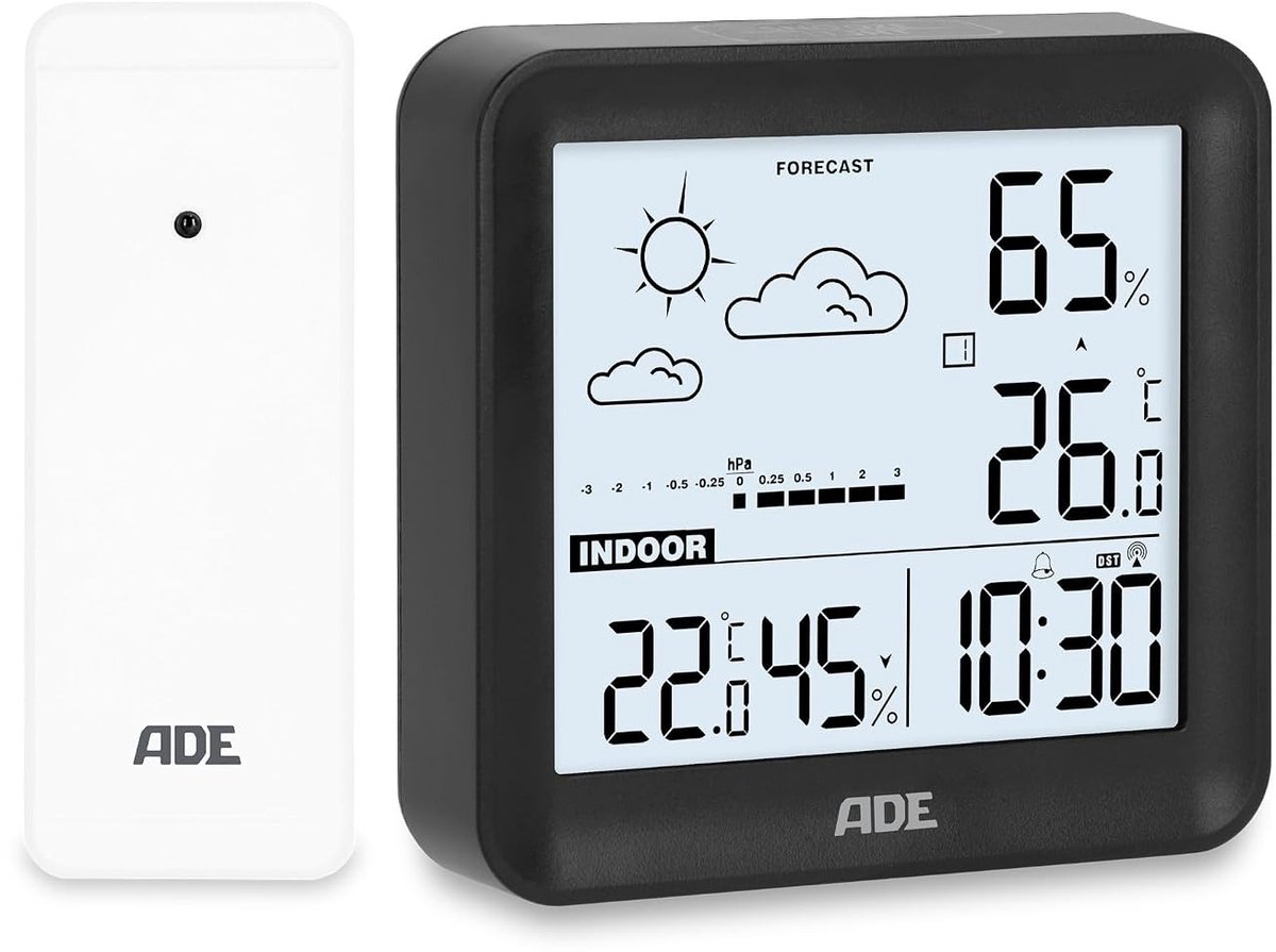 Klein digitaal draadloos weerstation - Zwart - 14,8 x 2,6 x 2,6 cm - Compact ontwerp met helder LCD-display - Voor Binnen en Buiten