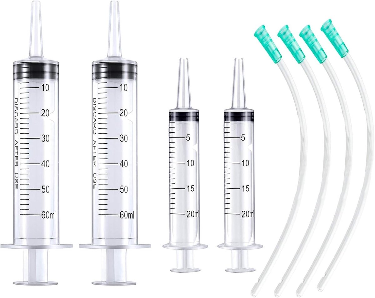 Set van 4 Doseringspuiten 20 ml/60 ml, Naaldloze Spuiten met Slang voor Laboratorium, Diervoeding, Plantenirrigatie en Vloeistofoverdracht