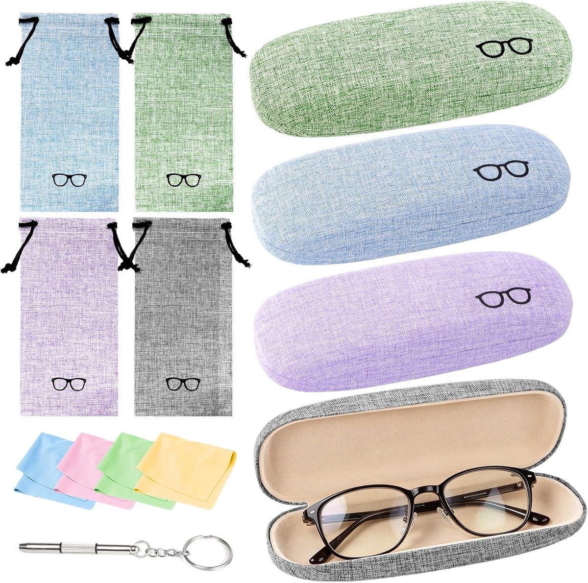 Linnen brillenkoker hardcase set van 4, stevige brillenetui voor dames en heren, ideaal voor bescherming en opslag