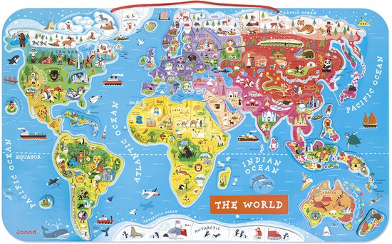 Puzzle carte du monde coloré avec aimants. Montre les pays, océans, animaux et bateaux. "The World" est écrit en lettres oranges.
