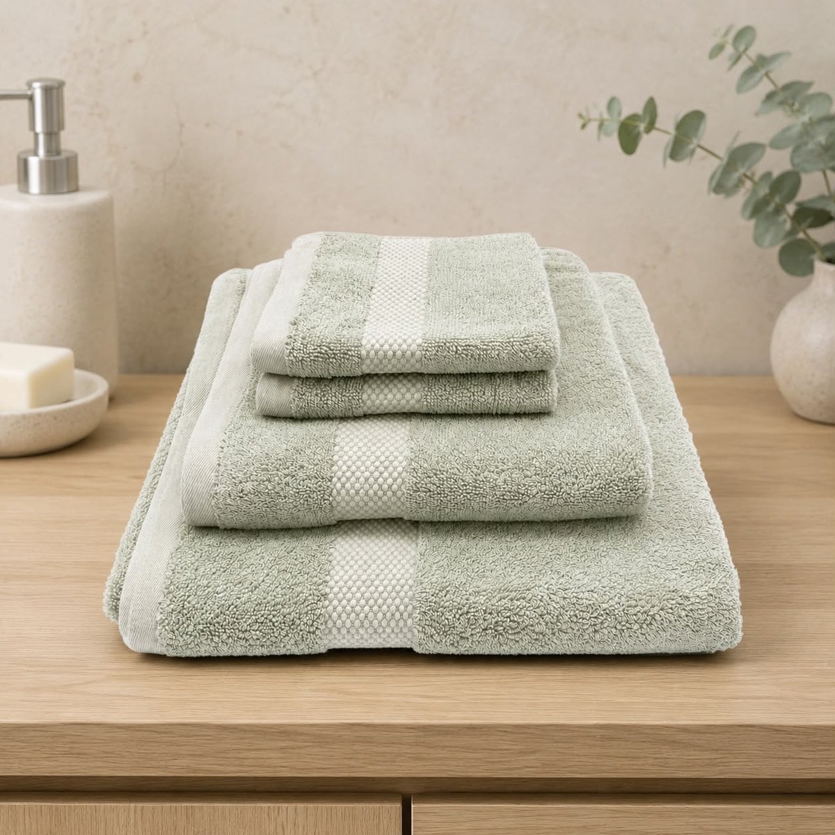 The Linen Room Handdoeken Set – 4-delig – 2 Gastendoekjes, Handdoek & Douchehanddoek – 100% Katoen 650 GSM – Dubbelgetwijnd 20/2 Garen – OEKO-TEX® – Hotelkwaliteit – Saliegroen