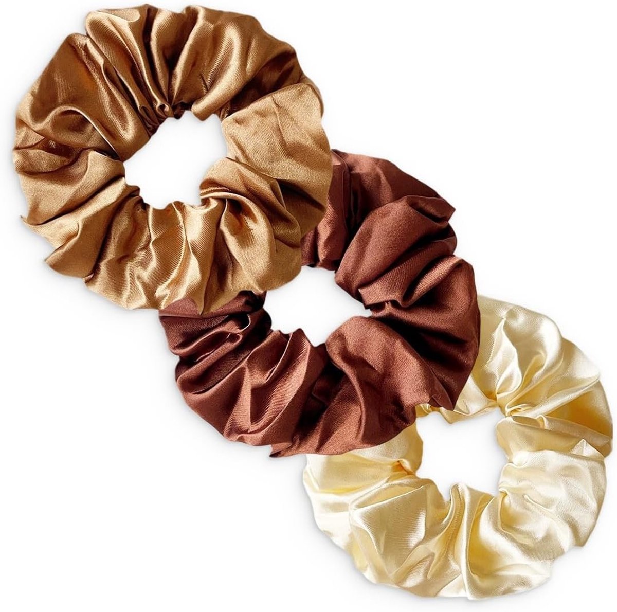 Set van 3 Satijnen Scrunchies in Bruin en Beige - Zachte Elastische Haarbanden voor Alle Haartypes, Geen Afdrukken