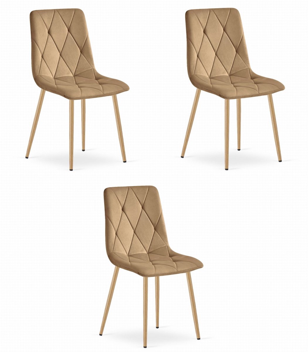 Set van 3 Eetkamerstoelen LIBRA Karamel – Houtlook Metalen Poten, Modern Velvet Bekleding, Ergonomisch Design, Max. 120 kg