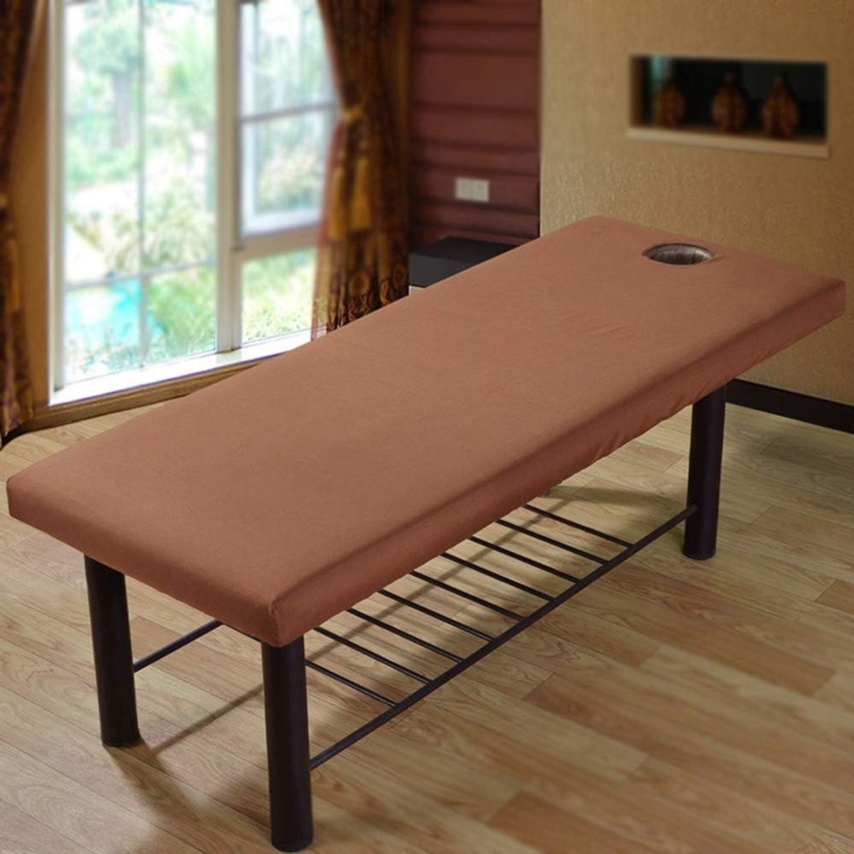 Professionele zachte massagetafel hoes met elastische rand en gezichtsopening - ideaal voor beautysalons en spa's, koffie kleur