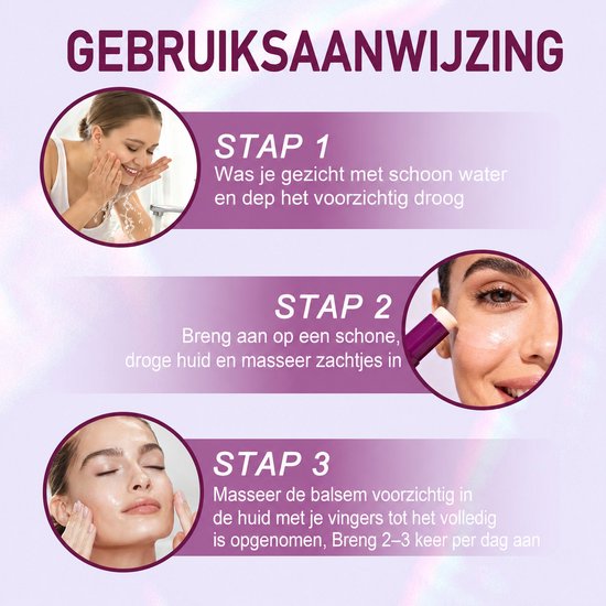 Drie stappen van huidverzorging. Een vrouw wast haar gezicht, brengt een balsem aan en masseert het in. De tekst "GEBRUIKSAANWIJZING" staat bovenaan.