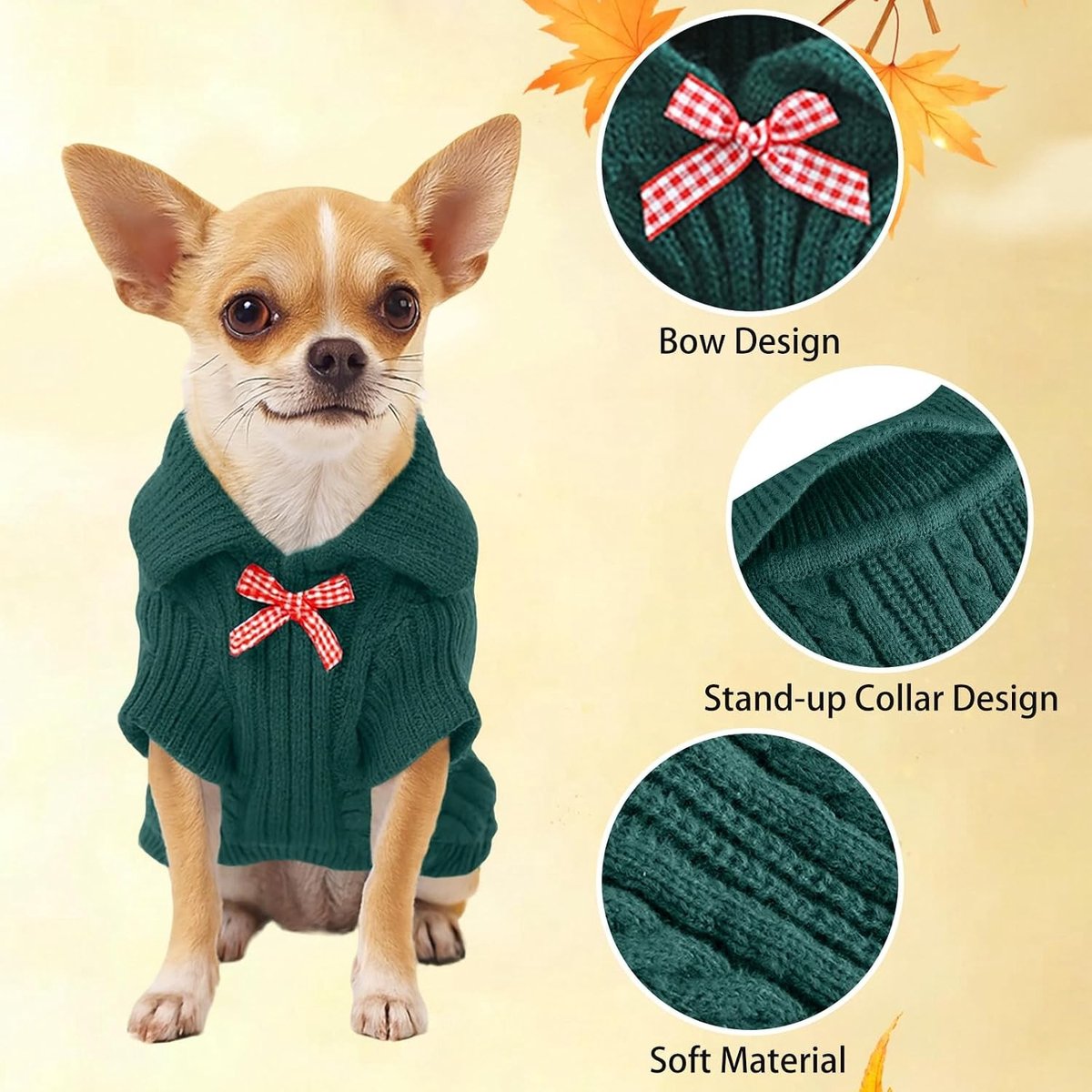 Knitted Hondentrui met Strik voor Kleine Honden en Katten - Warme Herfst/Winter Outfit voor Jongens en Meisjes (Groen, L)