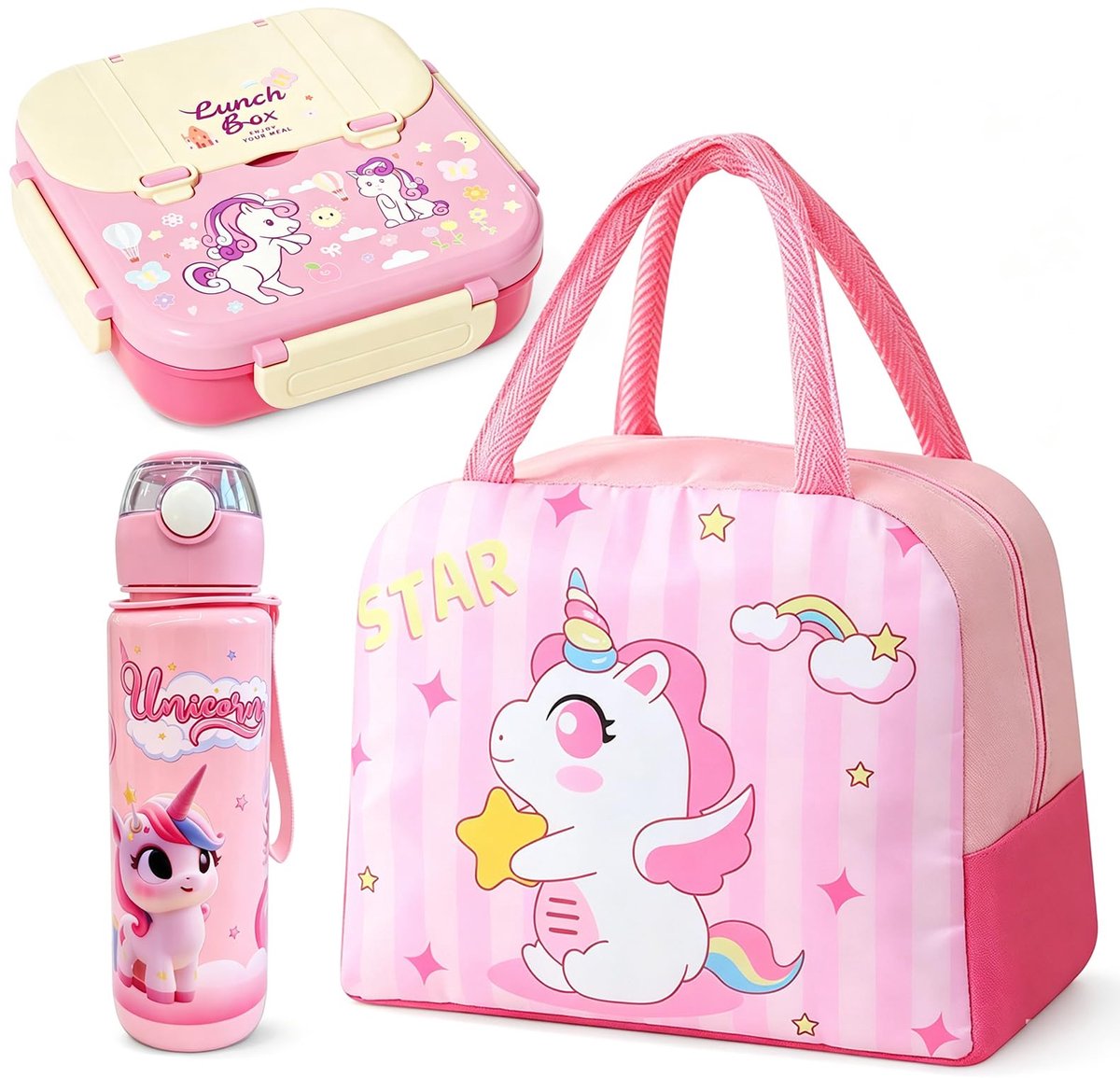 Lunchbox Set - Lekvrije Broodtrommel & Fles - Rosa Eenhoorn - Perfect voor school - ShopVlot