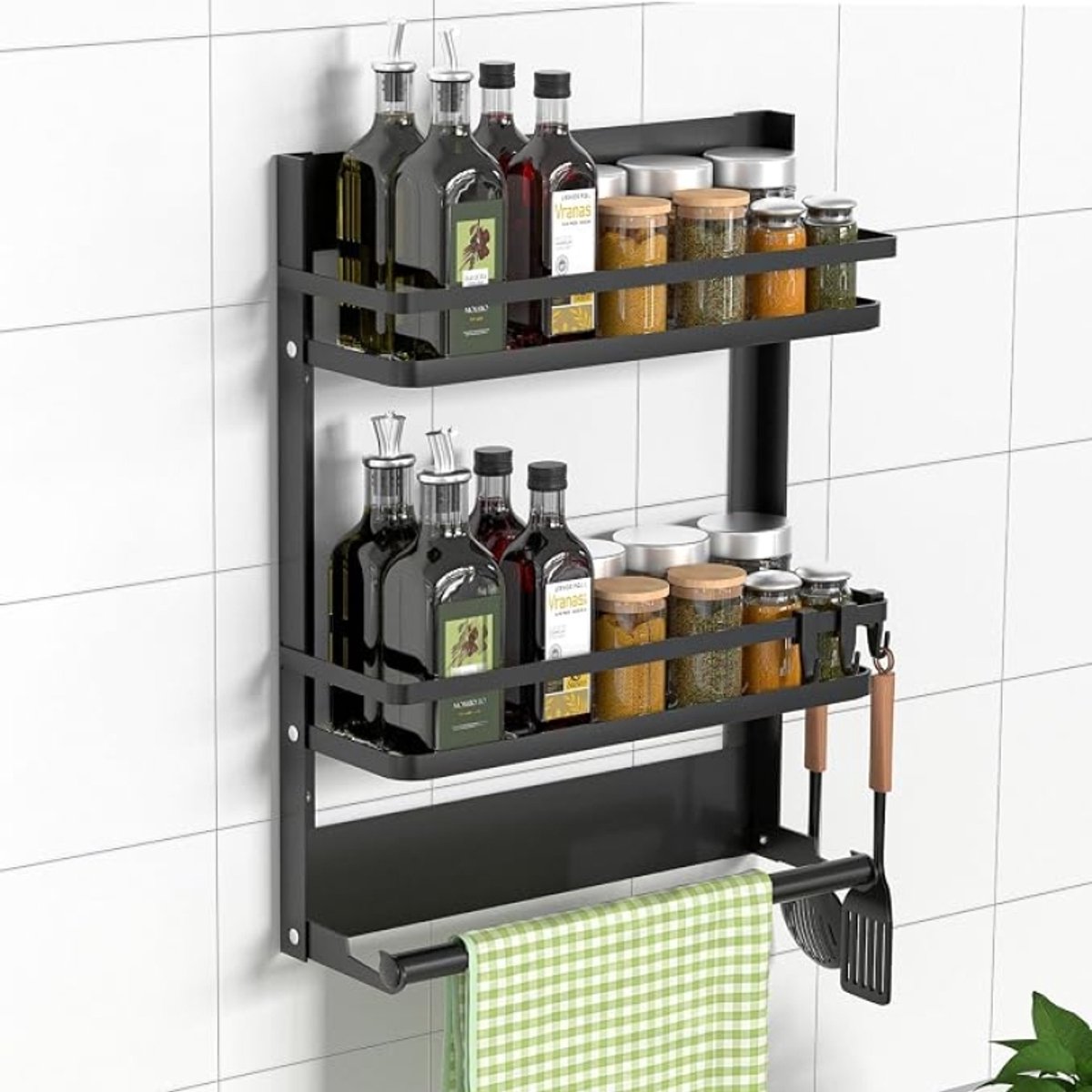 Kruidenrek aan de muur met keukenrolhouder, zwart, roestvrij staal, hangend wandrek voor keuken en badkamer, zonder boren