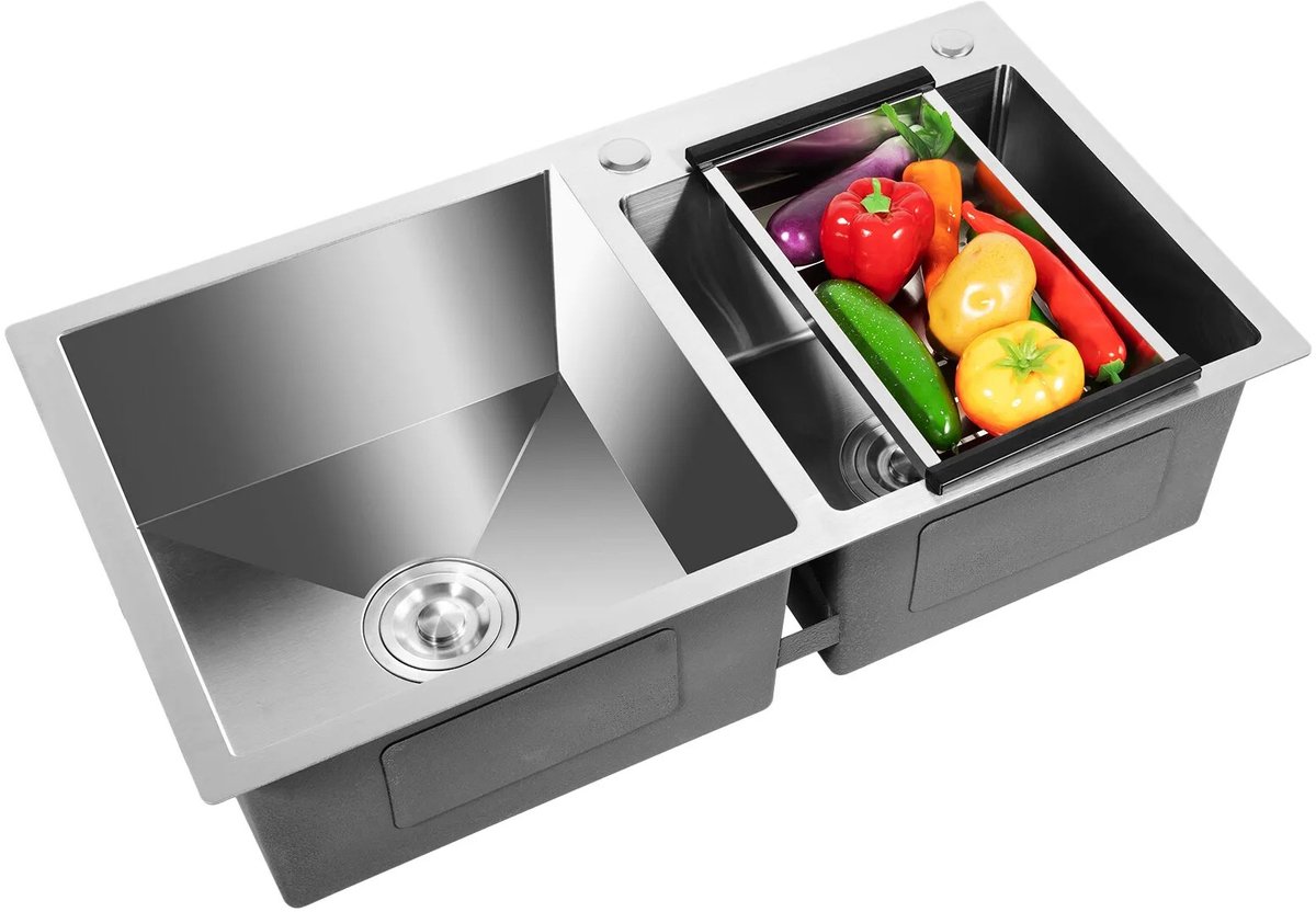 Vurnomi Dubbel spoelbak - Kraan - Keuken - Inbouw wasbak - Inbouw - Afvoer - Afvoerfilter - Roestvrij staal - 78 x 43 cm -RVS