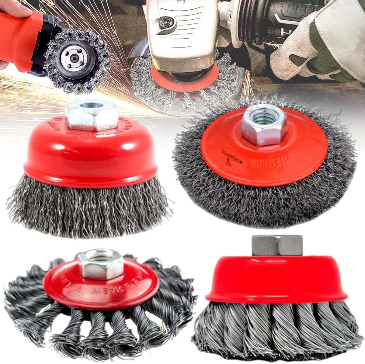 Set van 4 Draadborstels voor Haakse Slijper, Potborstel en Staalborstel voor Schuurwerk, Borsteldiameter 75mm en 100mm, Ideaal voor Metalen Reiniging en Voorbereiding