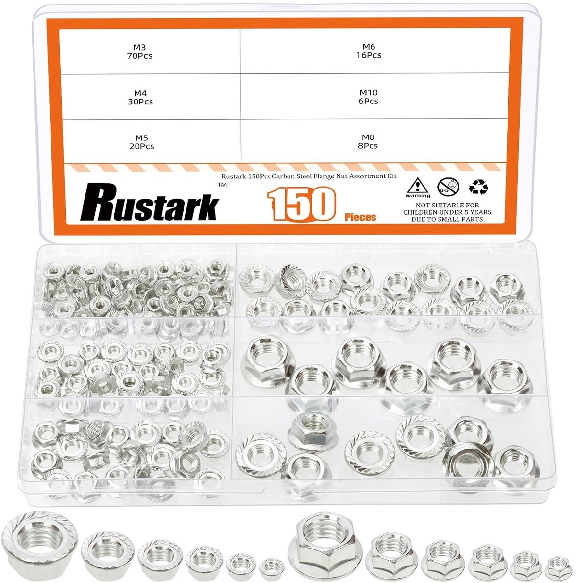 Assortiment van Serrated Flensmoeren en Zeskantmoeren voor Industrieel Gebruik - 6 Maten van Hoogwaardig Koolstofstaal