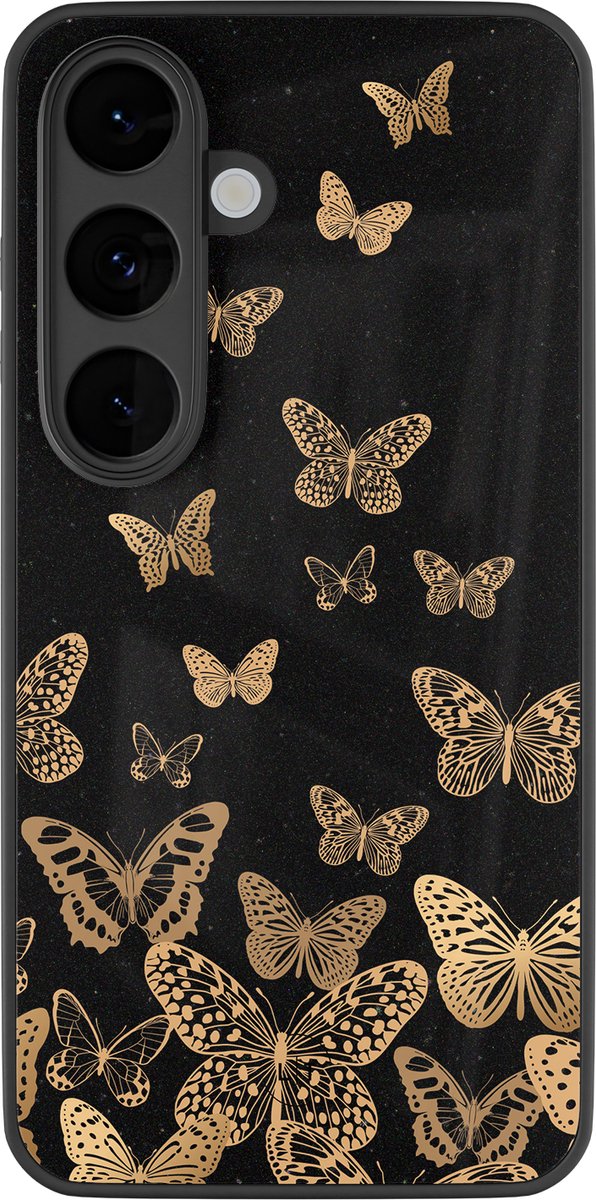 Hoesje geschikt voor Samsung Galaxy S26 - Vlinders - Luxe Glazen Hardcase - Print / Illustratie - Zwart, Goud
