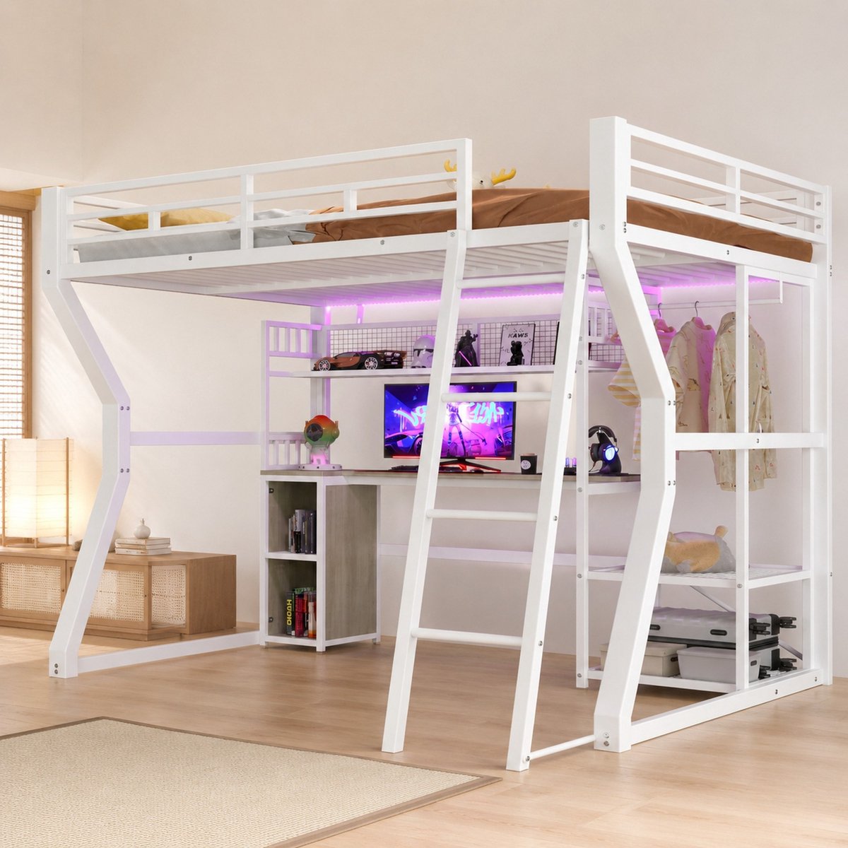 Wishdor Hoogslaper 140x200 cm - Met bureau, verlichting en stekkerdoos - Met opbergrekken, kledingruimte en ladder - Wit - Metaal en MDF - Voor extra ruimte