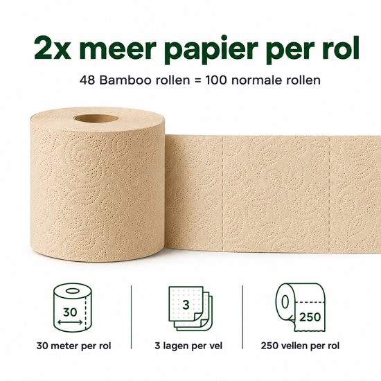 Rol bamboe toiletpapier met een uitgerolde strook. Papier is beige, 3-laags, 250 vellen per rol, 30 meter per rol.