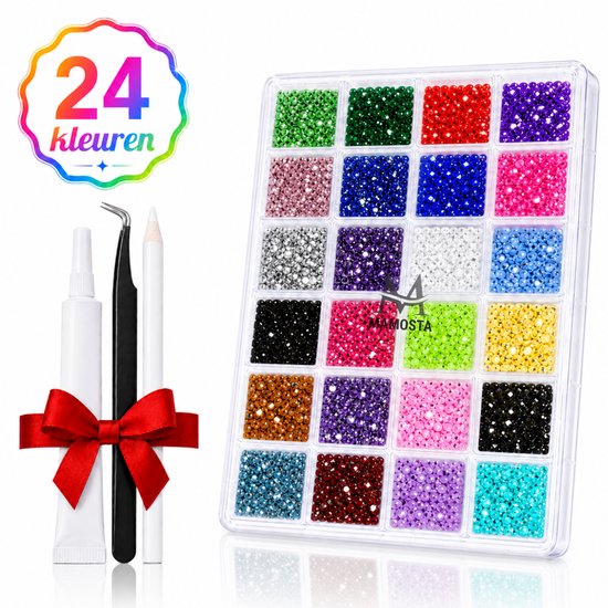 Kit de perles avec 24 couleurs de strass, colle et pincette, avec un nœud rouge.