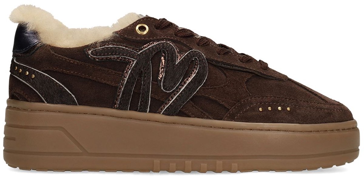 Manfield - Dames - Donkerbruine suède sneakers met bontvoering - Maat 37