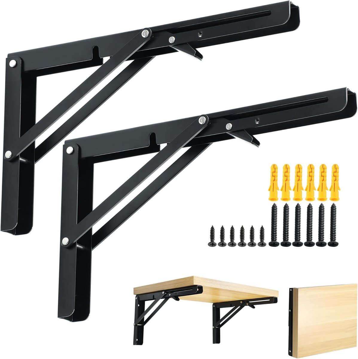 2 Stuks 25.2 cm Metalen Hoekplanken Draagbeugels, Vouwbare Hoekplank, RVS, Zware Belasting, Wandmontage, Zwart, Ideaal voor Opbergruimte en Organisatie