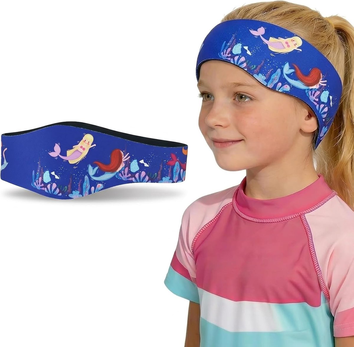 Verstelbare Neopreen Hoofdband voor Kinderen, Oorbescherming bij Zwemmen en Watersport, Zeemeerminpatroon, Donkerblauw, 51 x 8 cm, Comfortabel en Duurzaam