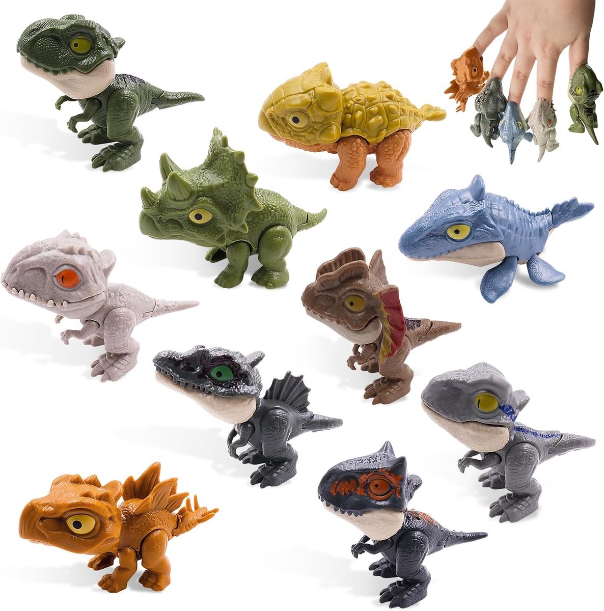 Set van 10 Mini Dinosaur Finger Toys voor Kinderen - Kleurrijke Dino Speelgoed voor Jongens en Meisjes, Perfect voor Creatieve Spelletjes en Verjaardagsfeestjes
