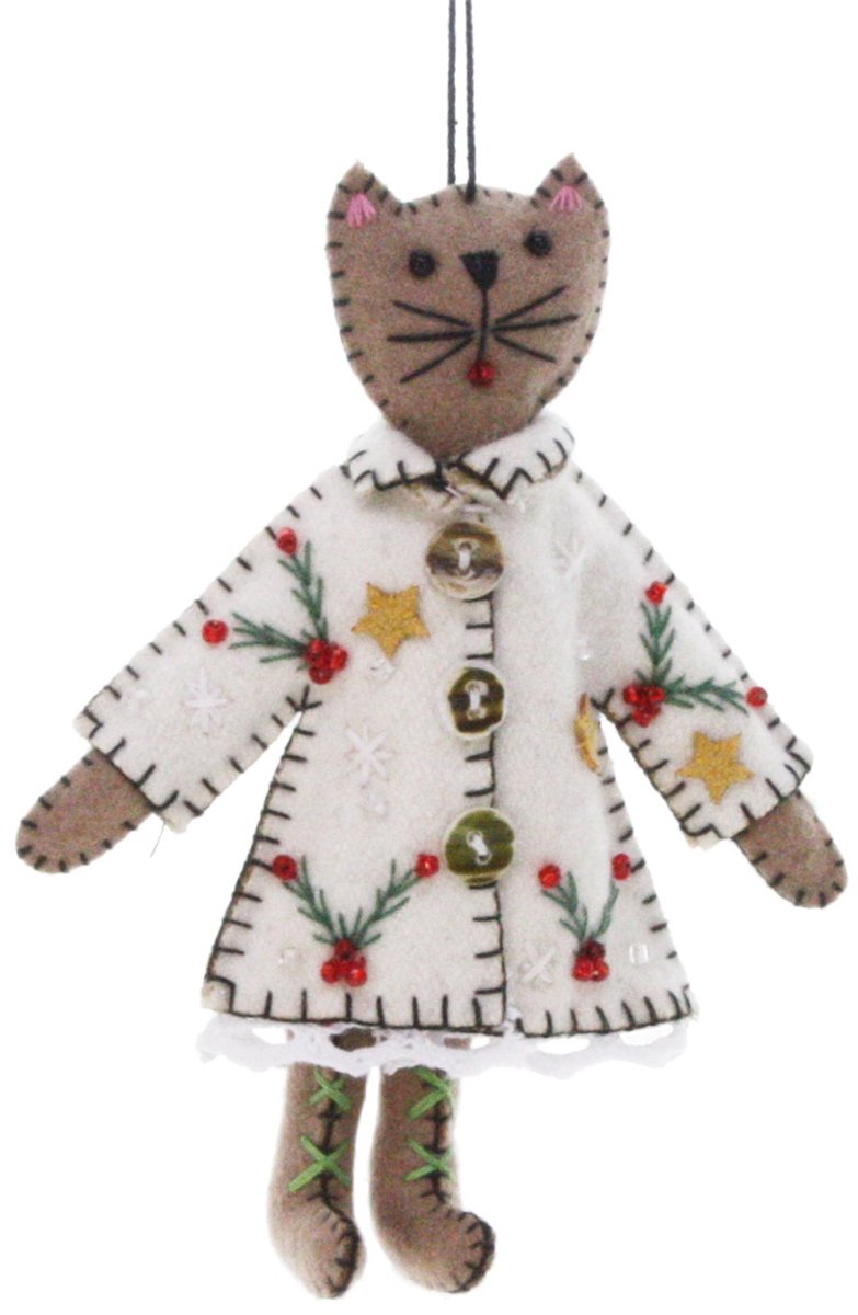 Kat met kerstjurk wit/ bruin, vilt 15,2 cm
