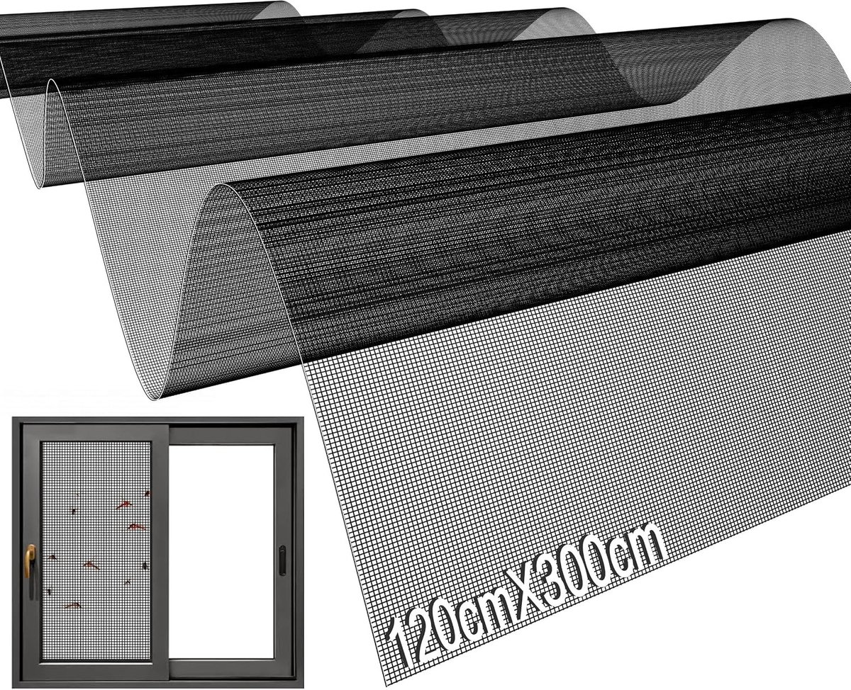 Vliegenraam van Fiberglas 120 x 300 cm, Veilig voor Katten, Aanpasbaar voor Deur en Raam, Zwart
