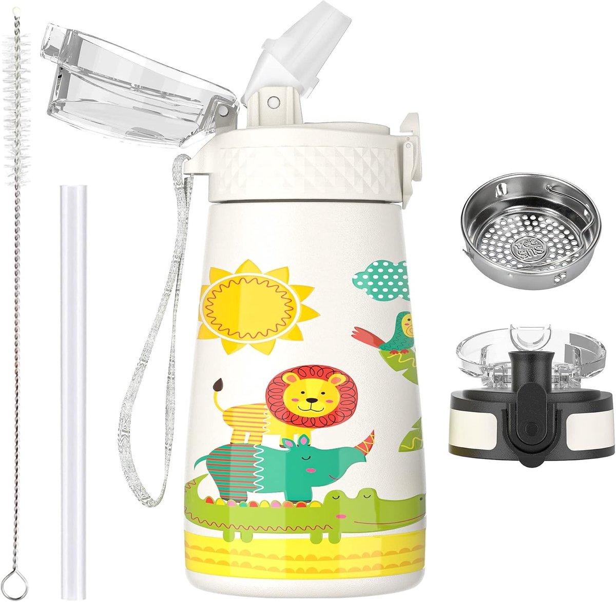 350ml RVS Waterfles voor Kinderen met Rietje en 2 Verschillende Deksels, Ideaal voor School, Duurzaam en Isolerend, Geschikt voor Jongens en Meisjes