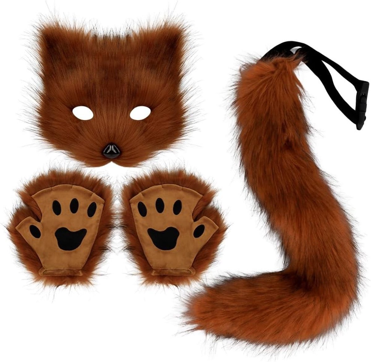 Furry Tail Kat Wolf Cosplay Plush Mask en Poot Handschoenen Set - Faux Fur Kostuum voor Halloween, Boekenweek en Rollenspel