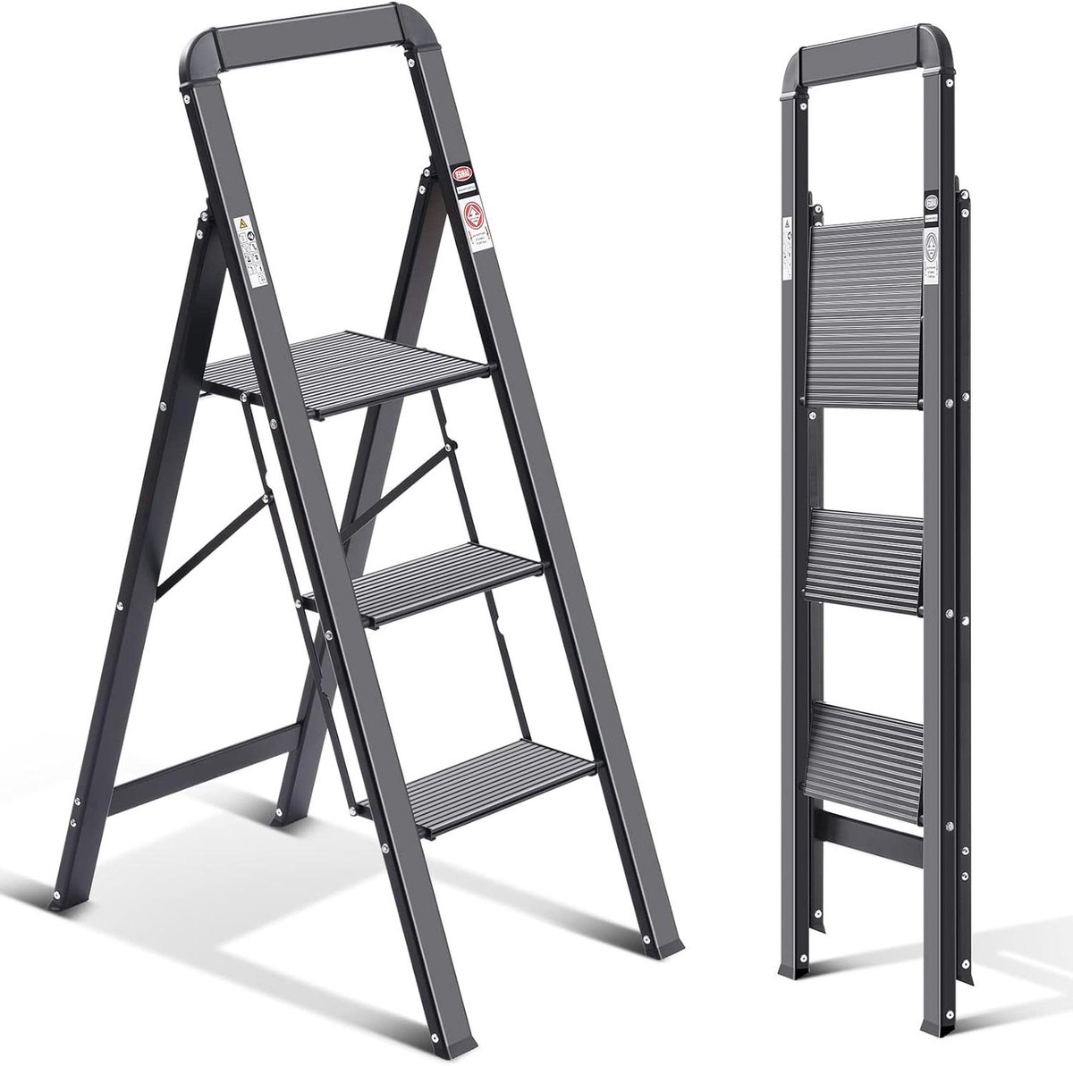 Trapladder 3 treden - Vouwladder opstap - Huishoudelijk werk - Antislip met leuning - 150 kg belastbaar - Zwart