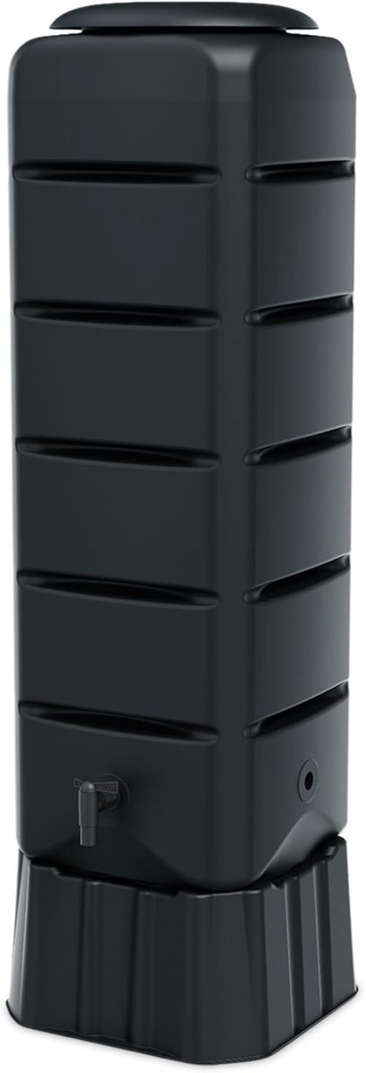Allvia® Waterton - Regenton - Watertank - 130 x 37 cm met Voet - met Kraan en Veiligheidsgordel - 120 L - Zwart - 37cm x 37cm x 130cm