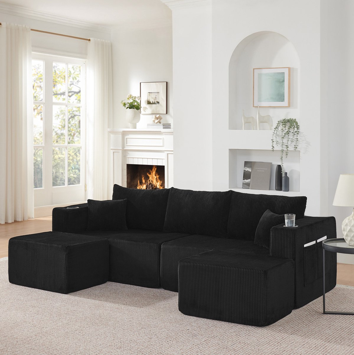 MODENUIT Hoekbank 3-Zits 230 x 138 x 75 cm - Modulaire L-Vorm Met Bekerhouders En Opbergtassen - Corduroy - Zwart