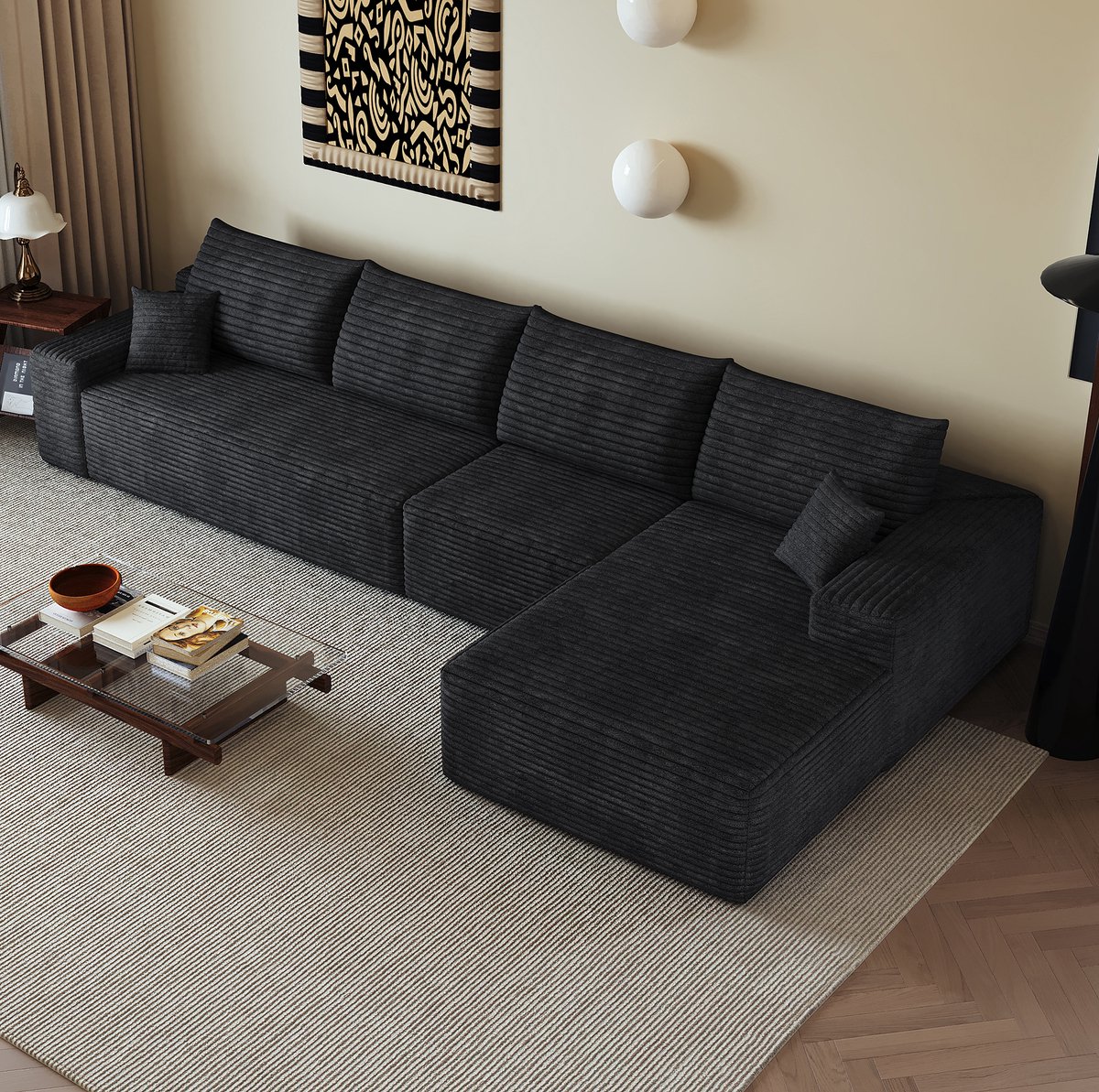 MODENUIT Hoekbank 270 cm - L-vormige Chaise Longue - 4-zits Voor Woonkamer En Appartement - Corduroy - Zwart