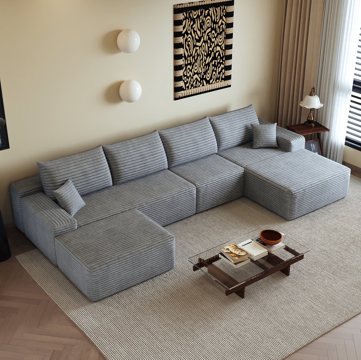 MODENUIT Modulaire Hoekbank 340 cm - L-Vormige Chaise Longue - 5-Zits Voor Woonkamer - Stof - Grijs